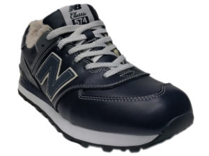 Зимние New Balance 574 Leather темно-синие с серым - фото спереди