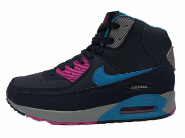 Nike Air Max 90 Mid на меху черные с синим (35-46)