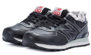 Зимние NEW BALANCE 574 с мехом кожаные черный с белым (40-45)