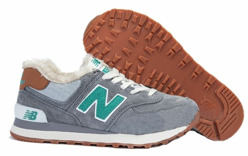 Зимние NEW BALANCE 574 с мехом замша серые с зеленым (35-39)