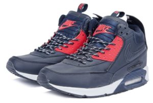 Зимние Nike Air Max 90 High кожа с мехом синим с красным 40-45