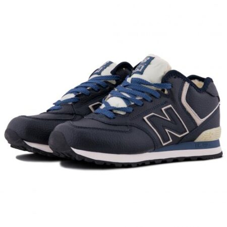 Зимние New Balance 574 с мехом синие кожаные мужские (40-45)