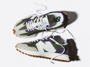 New Balance 327 зелено-серые с фиолетовым замшевые мужские-женские (35-44)